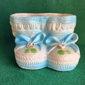 Japan Baby Shoe Pottery Planter Blue Flowers Reveal Shower
